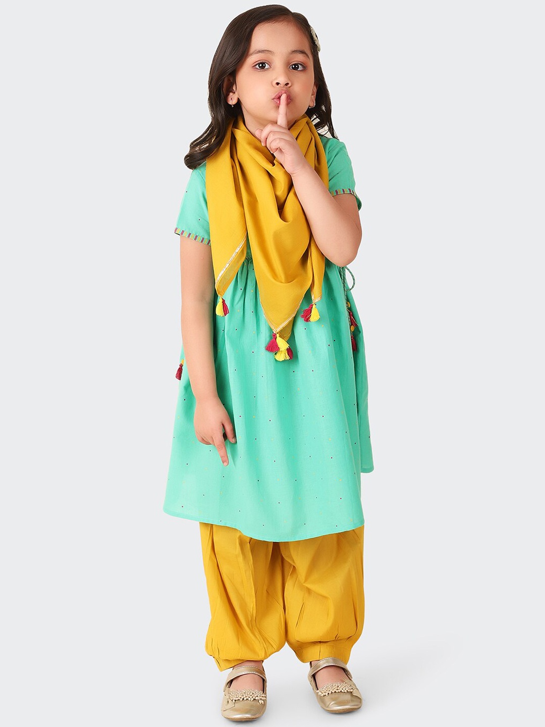 

Fabindia Girls Ethnic Motifs Embroidered Anarkali Pure Cotton Kurta with Salwar & Dupatta, Sea green