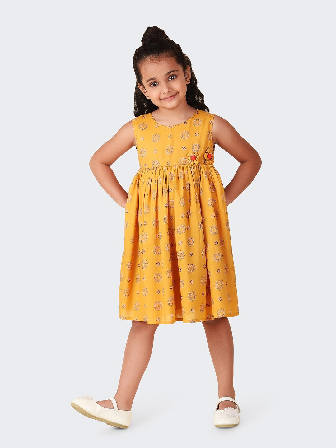 

Fabindia Girls Floral Printed Sleeveless Fit & Flare Dress, Mustard