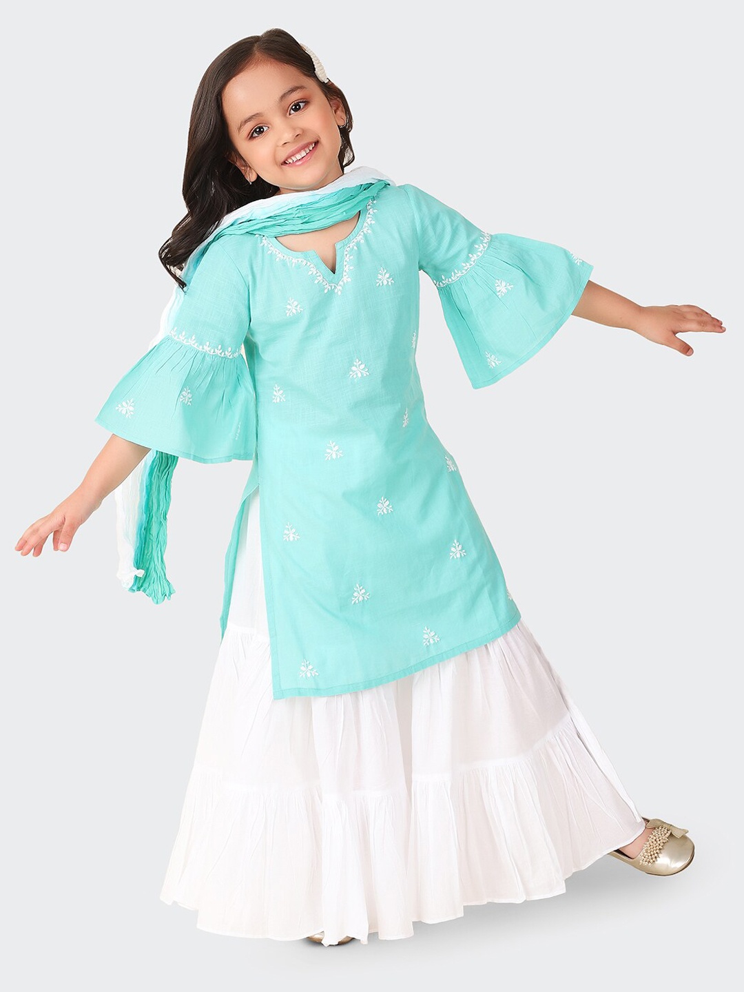 

Fabindia Girls Ethnic Embroidered Bell Sleeves Pure Cotton Kurta with Sharara & Dupatta, Turquoise blue