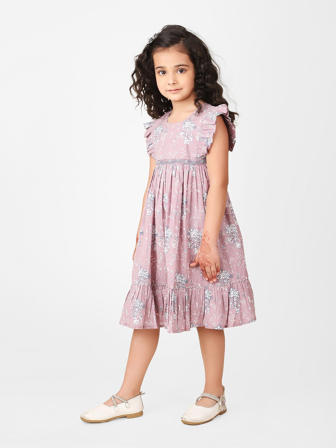 

Fabindia Girls Floral Printed Flutter Sleeves Cotton Empire Dress, Mauve