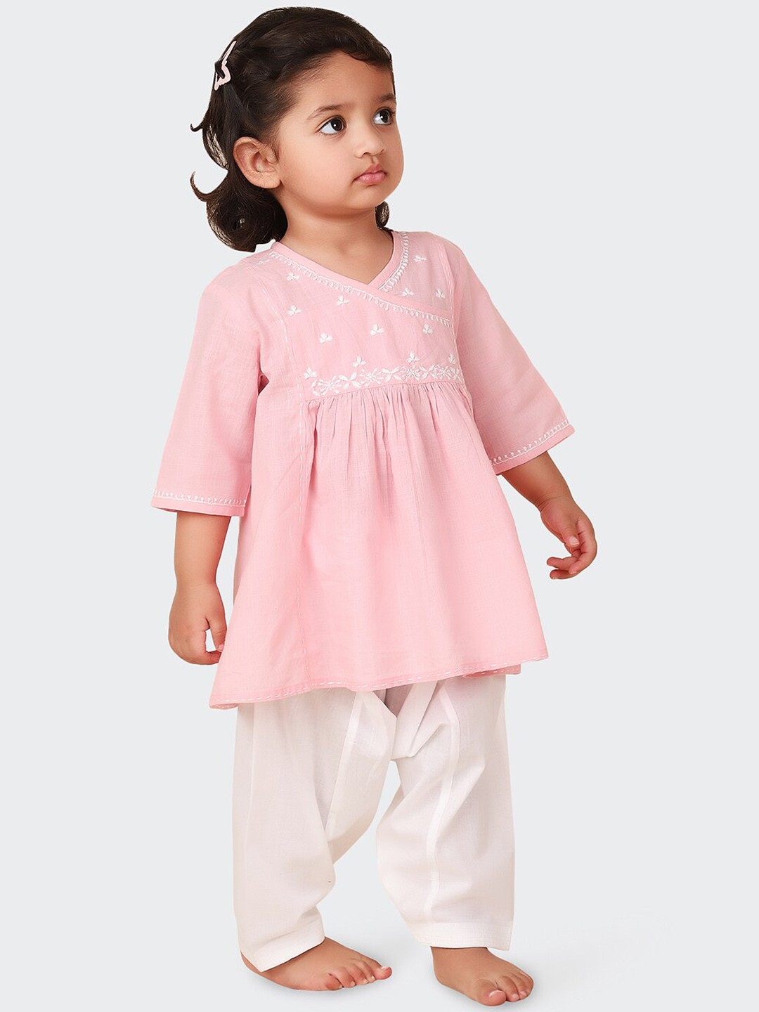 

Fabindia Girls Ethnic Motifs Embroidered A-Line Pure Cotton Kurta with Salwar, Pink