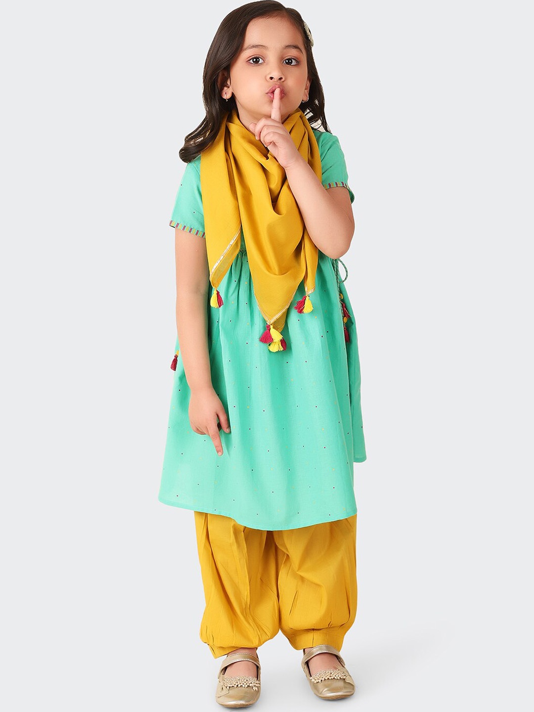 

Fabindia Girls Ethnic Motifs Embroidered Pure Cotton Kurta with Salwar & Dupatta, Sea green