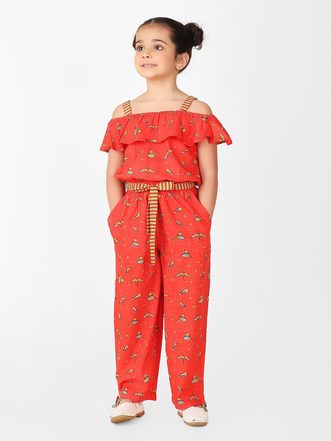 

Fabindia Girls Cotton Printed Basic Jumpsuit, Red