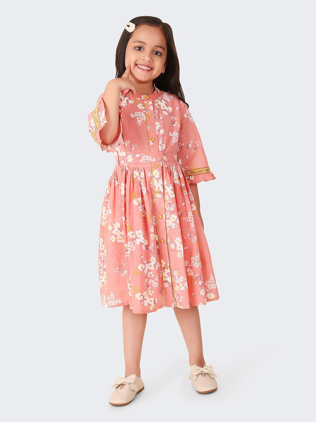 

Fabindia Girls Floral Printed Bell Sleeves Cotton Shirt Midi Dress With Belt, Peach