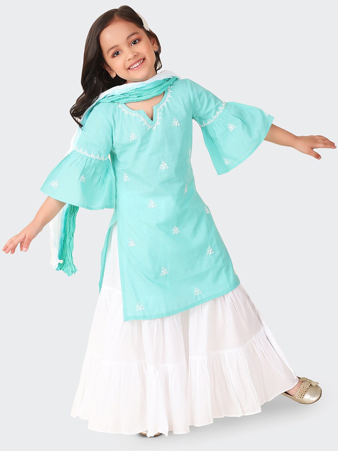 

Fabindia Girls Ethnic Motifs Embroidered Pure Cotton Kurta with Sharara & Dupatta, Blue