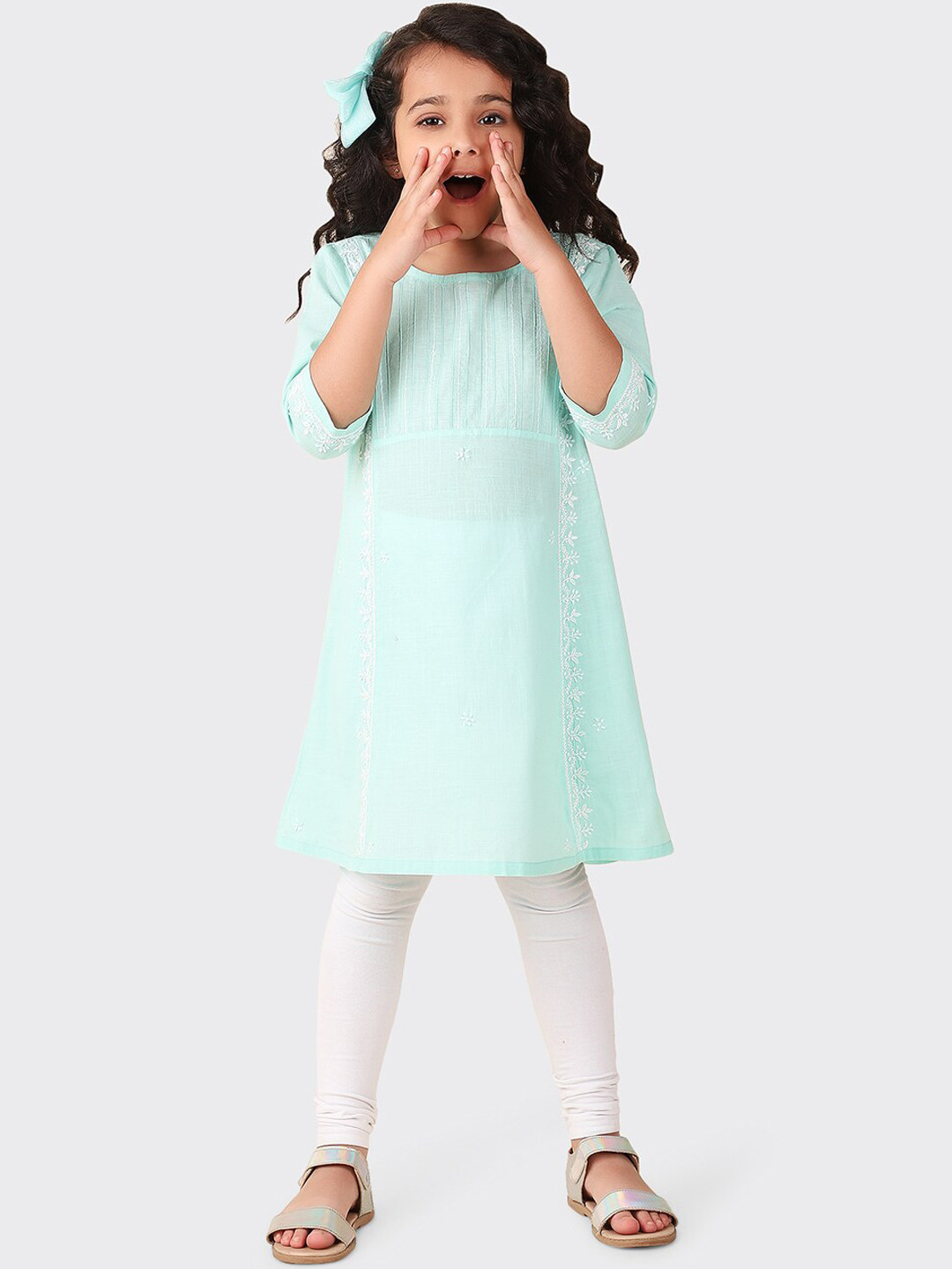 

Fabindia Girls Ethnic Motifs Embroidered A-Line Cotton Kurta, Blue