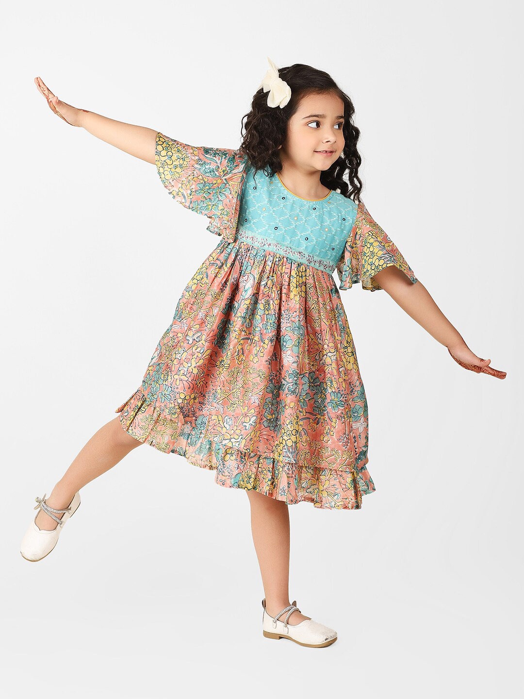 

Fabindia Girls Floral Printed Flared Sleeves Cotton Silk Fit & Flare Dress, Peach