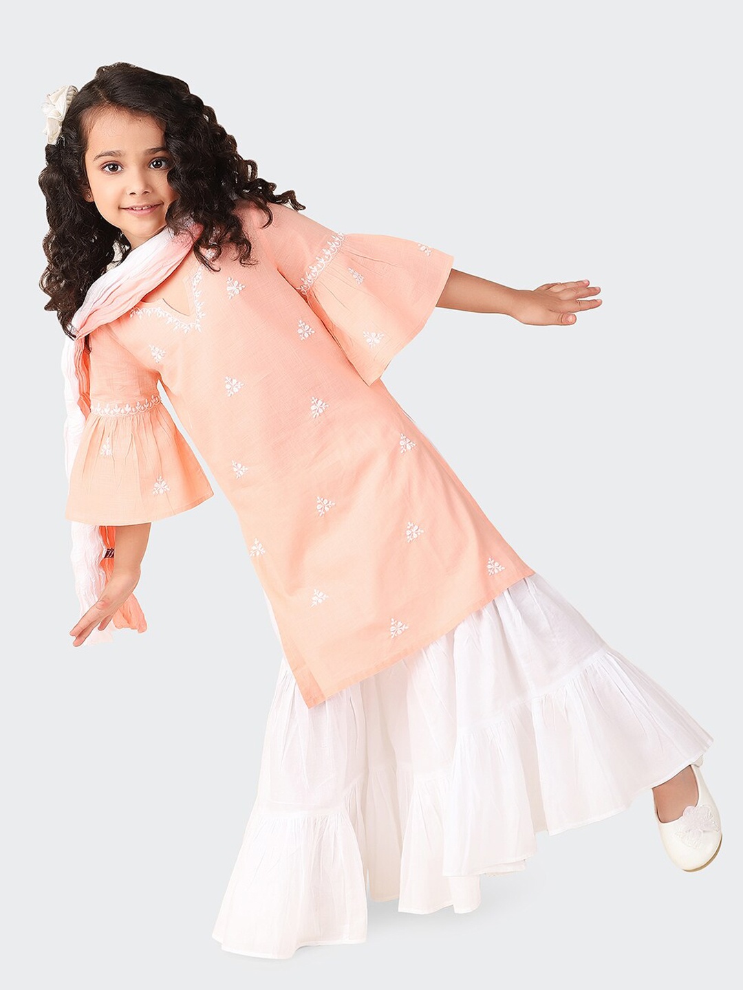 

Fabindia Girls Ethnic Embroidered Pure Cotton Kurta with Sharara & Dupatta, Peach