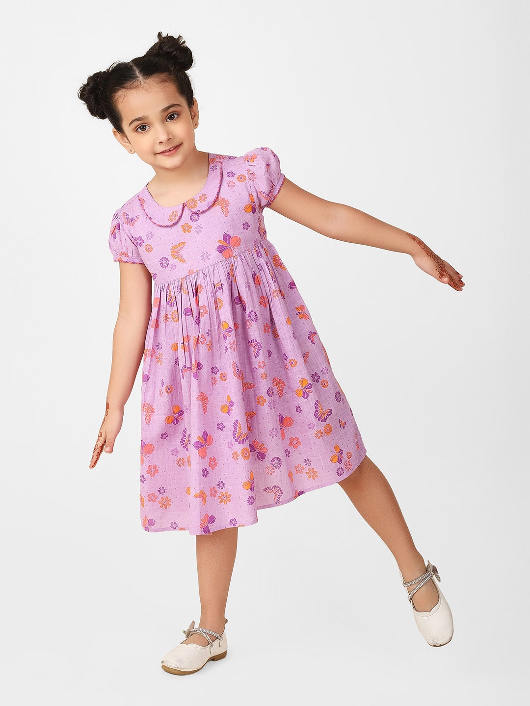 

Fabindia Girls Floral Printed Peter Pan Collar Cotton Empire Dress, Lavender