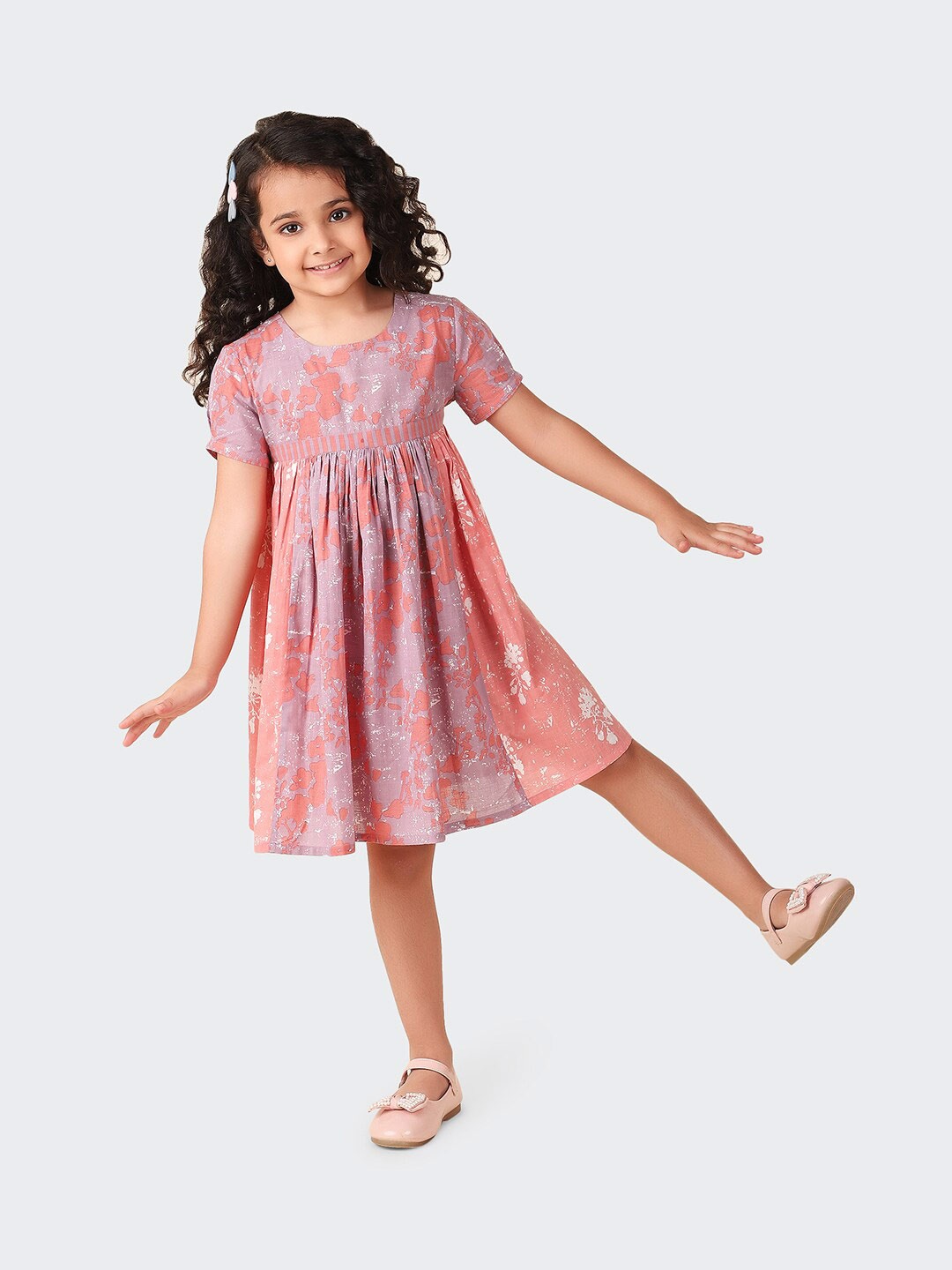 

Fabindia Girls Floral Printed Cotton Fit & Flare Dress, Mauve