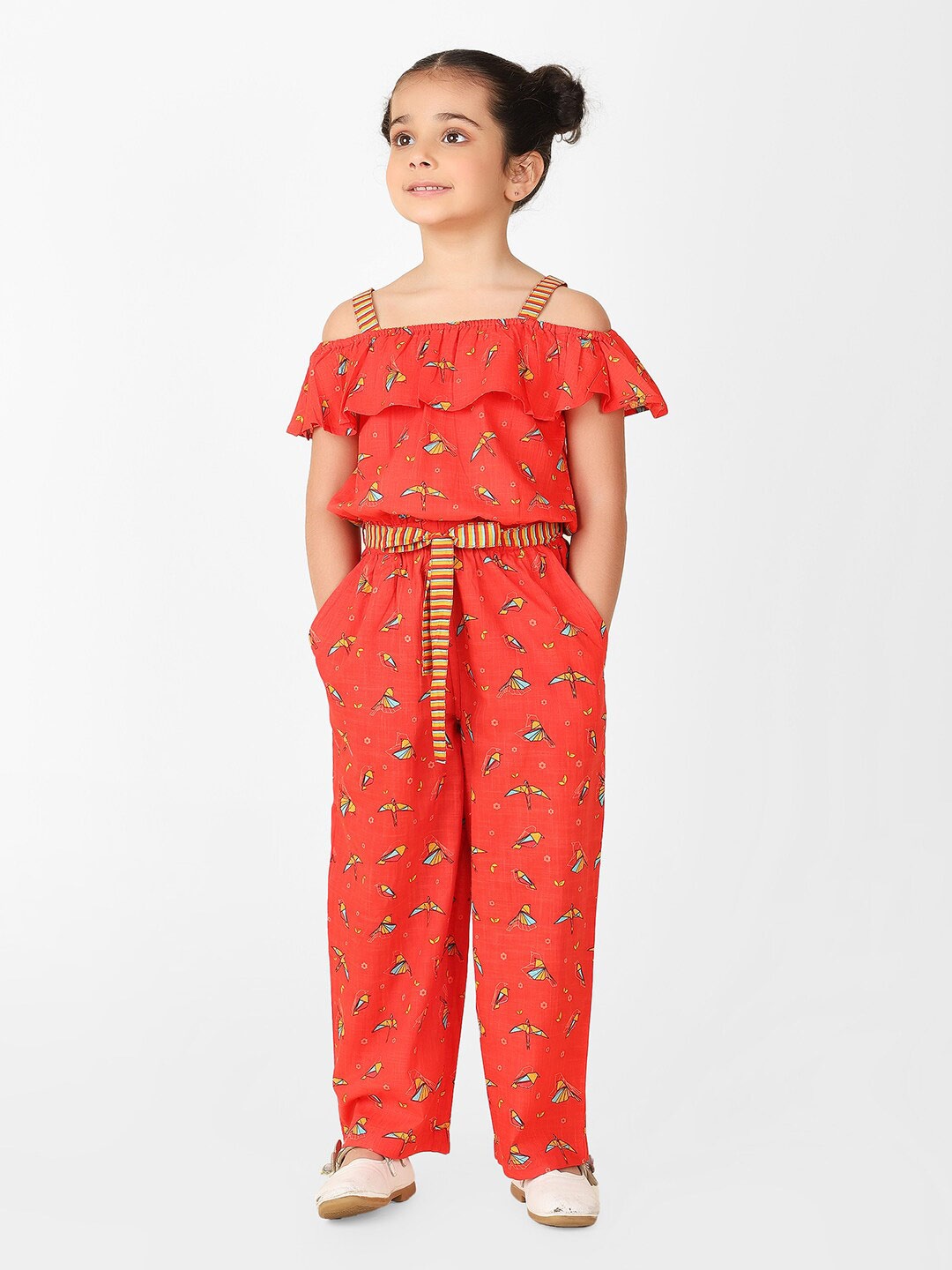 

Fabindia Girls Cotton Off-Shoulder Printed Basic Jumpsuit, Red