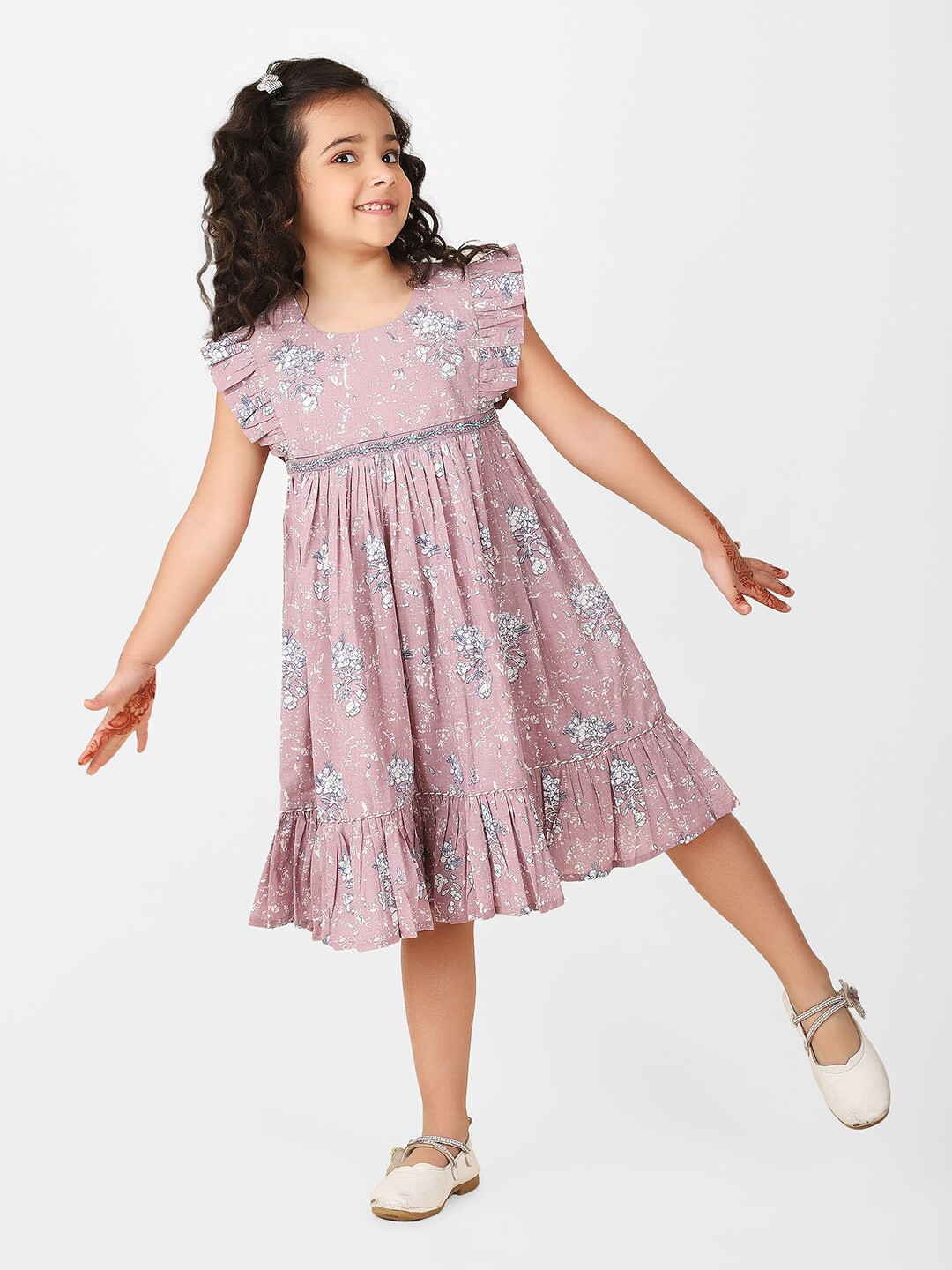 

Fabindia Girls Floral Printed Flutter Sleeves Cotton Empire Dress, Mauve