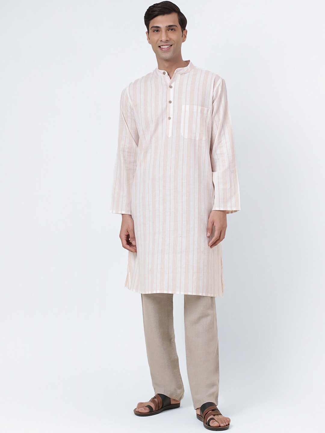 

Fabindia Striped Mandarin Collar Straight Kurta, Off white