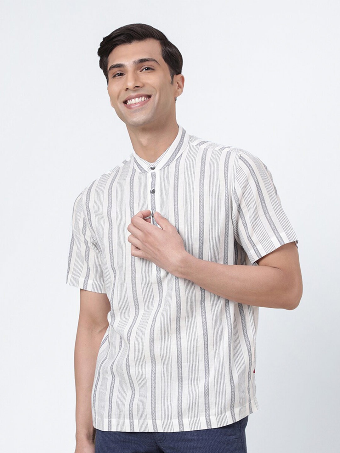 

Fabindia Comfort Vertical Striped Mandarin Collar Cotton Casual Shirt, Grey