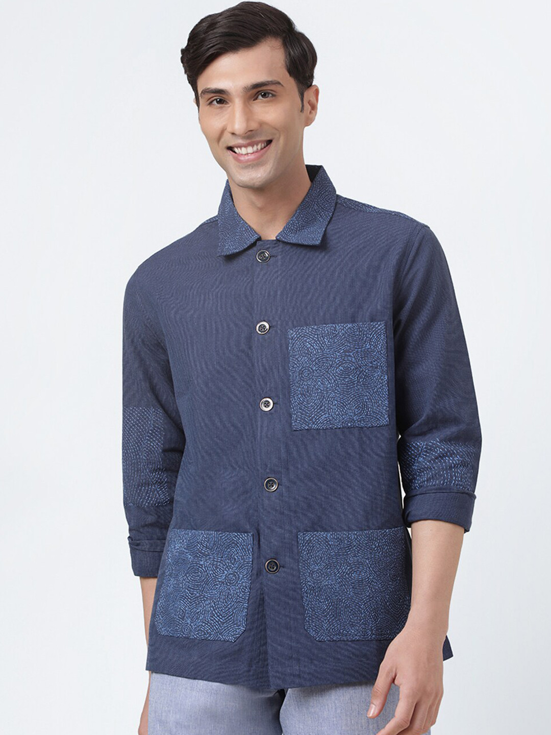 

Fabindia Floral Printed Tailored Jacket, Navy blue