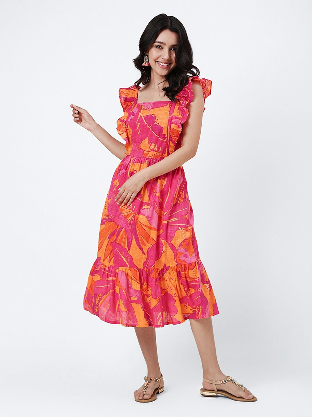 

Fabindia Floral Printed Flutter Sleeves Cotton Fit & Flare Midi Dress, Pink