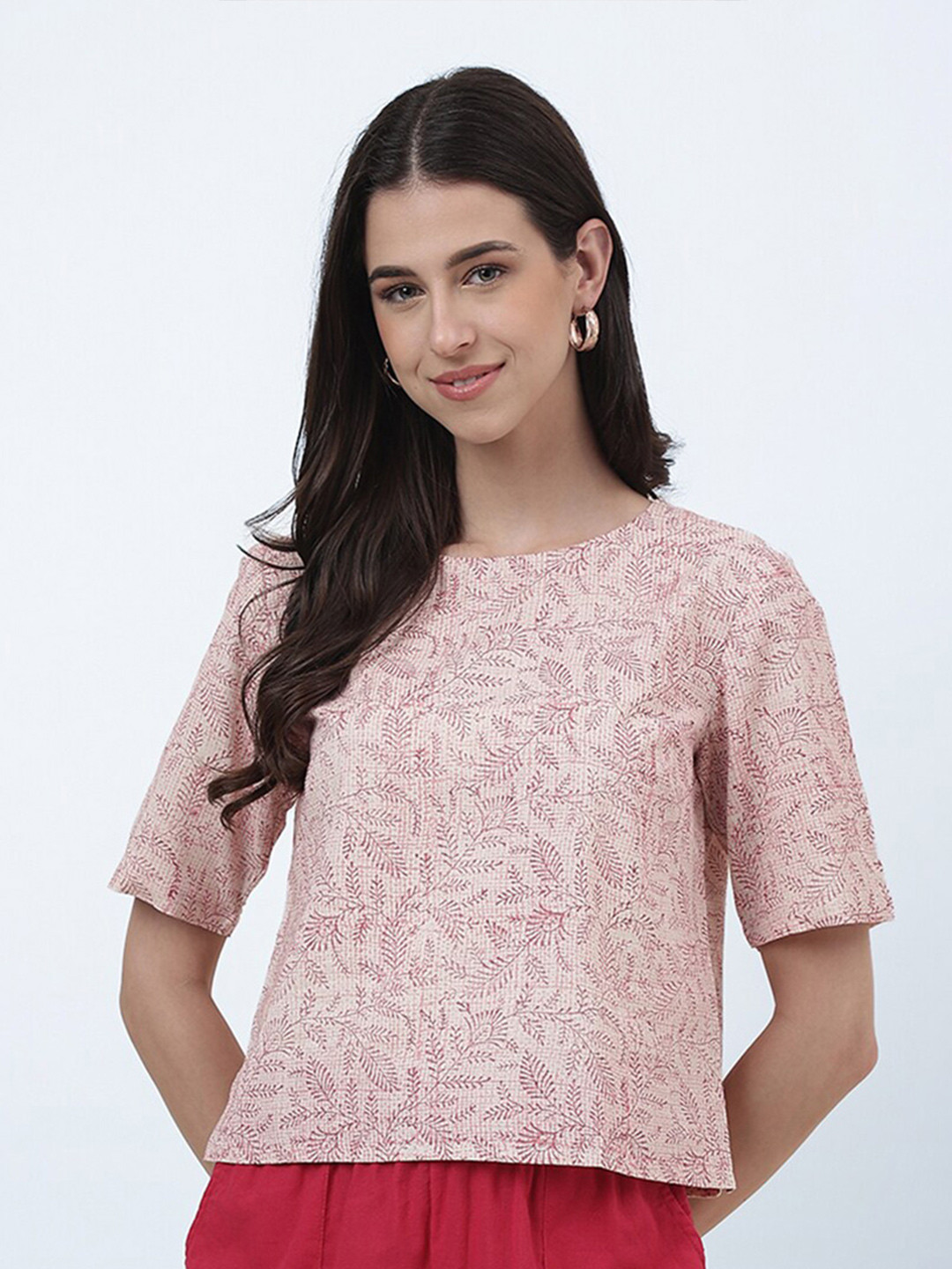 

Fabindia Floral Printed Short Sleeves Cotton Top, Pink