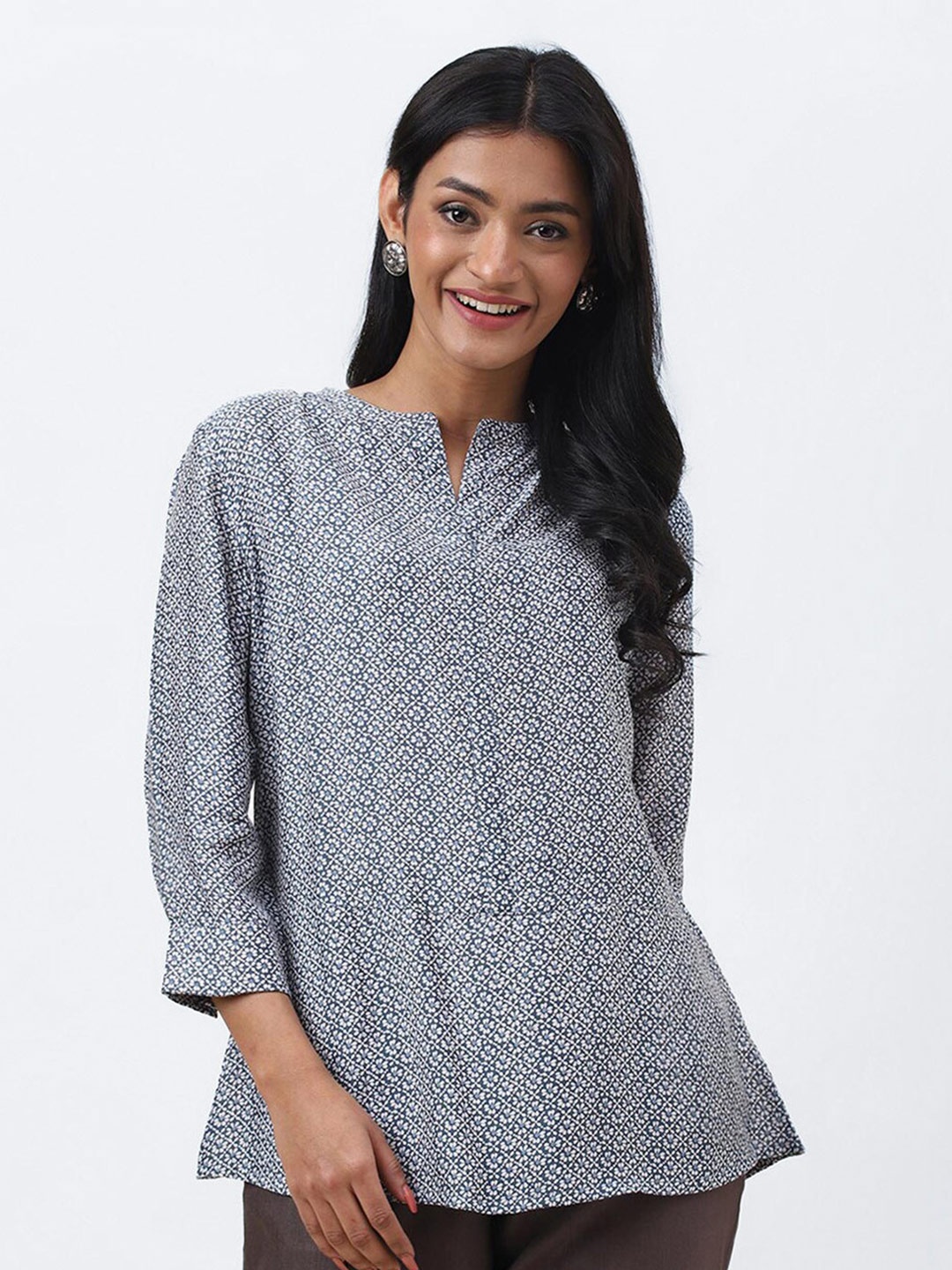 

Fabindia Floral Printed Mandarin Collar Top, Blue