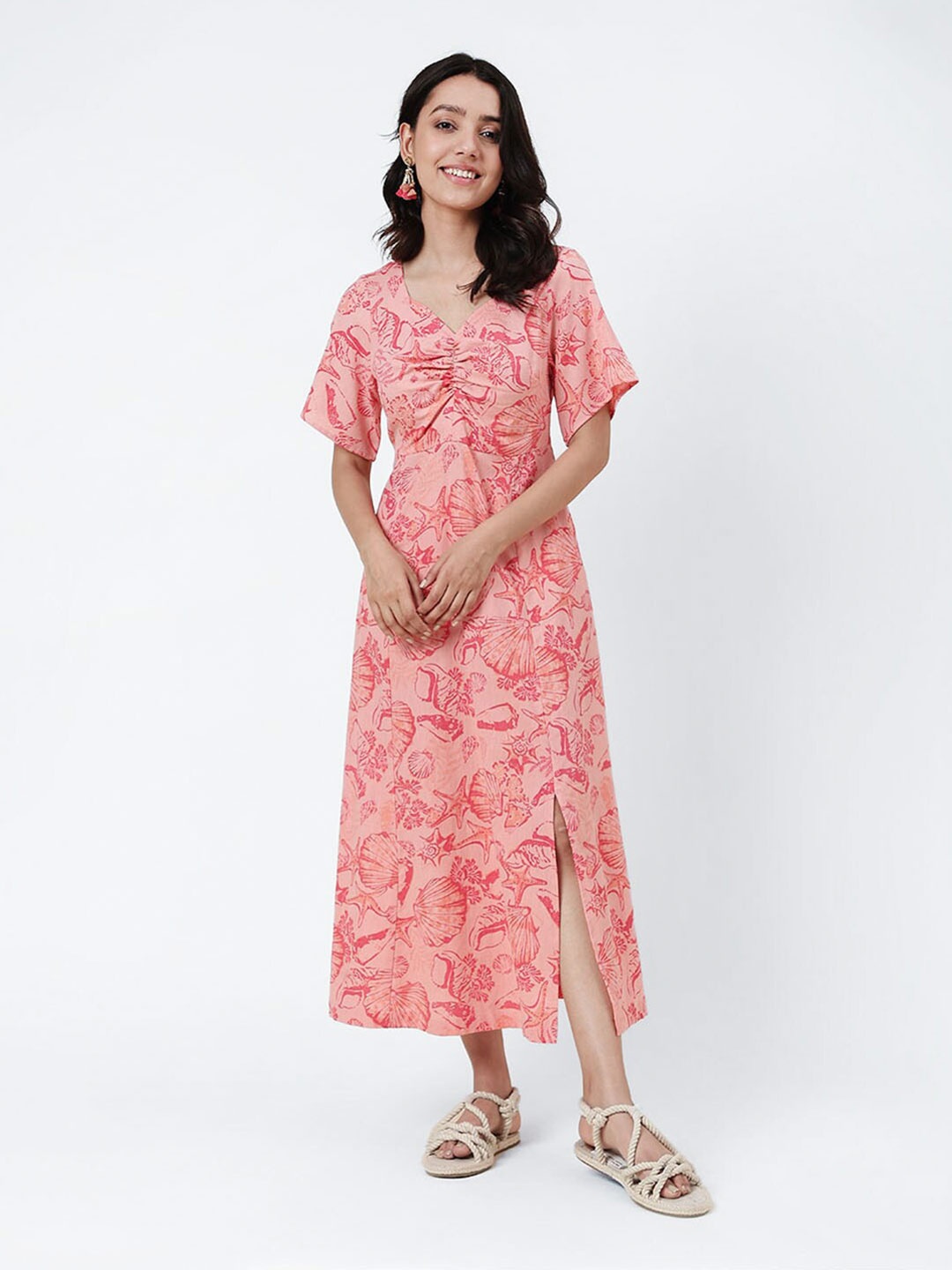 

Fabindia Tropical Printed Ruched Cotton Linen Fit & Flare Midi Dress, Pink