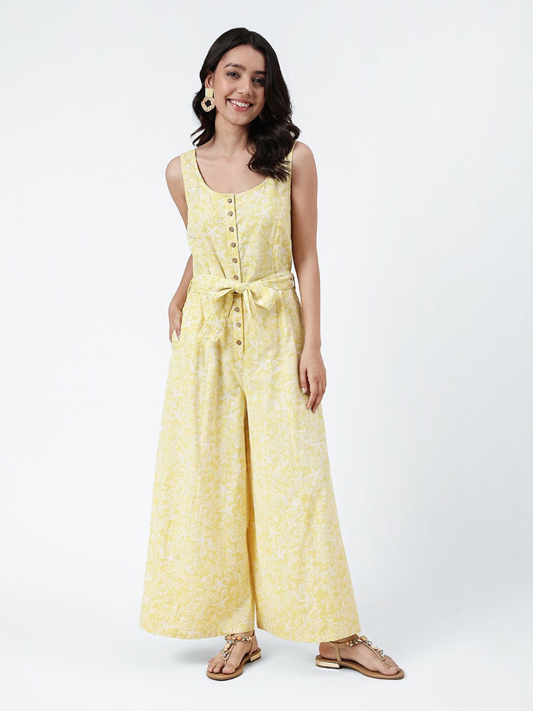 

Fabindia Cotton Linen Printed Basic Jumpsuit, Yellow
