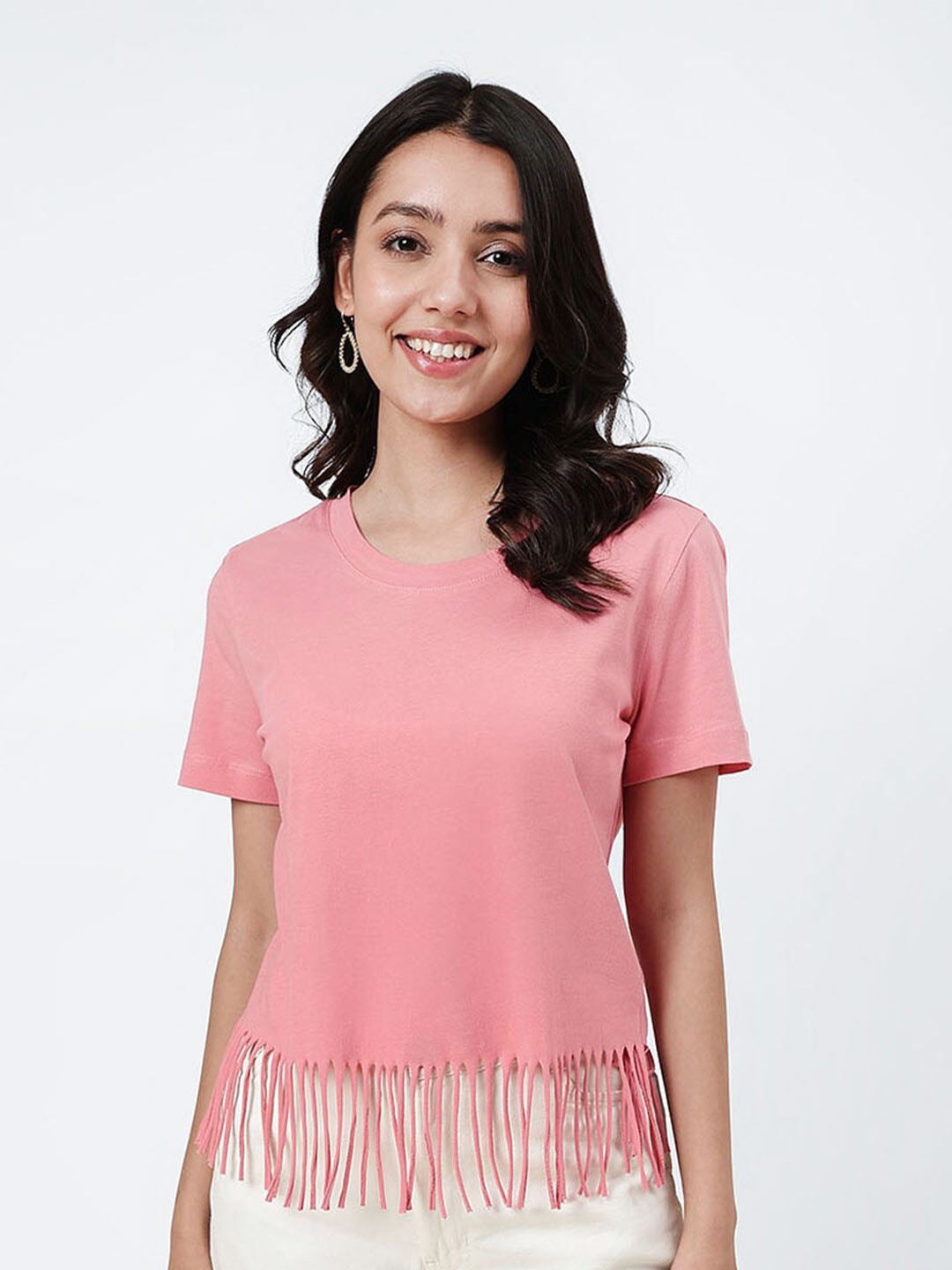 

Fabindia Fringed Hem Cotton Top, Pink