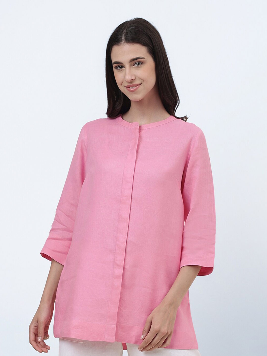 

Fabindia Linen Mandarin Collar Tunic, Pink
