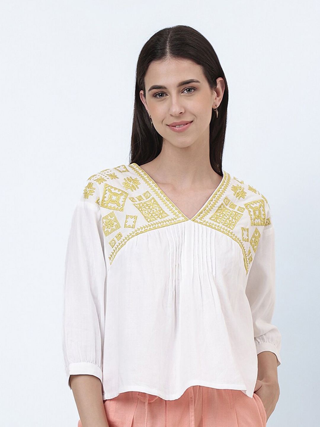 

Fabindia Geometric Embroidered V-Neck Cotton Top, White