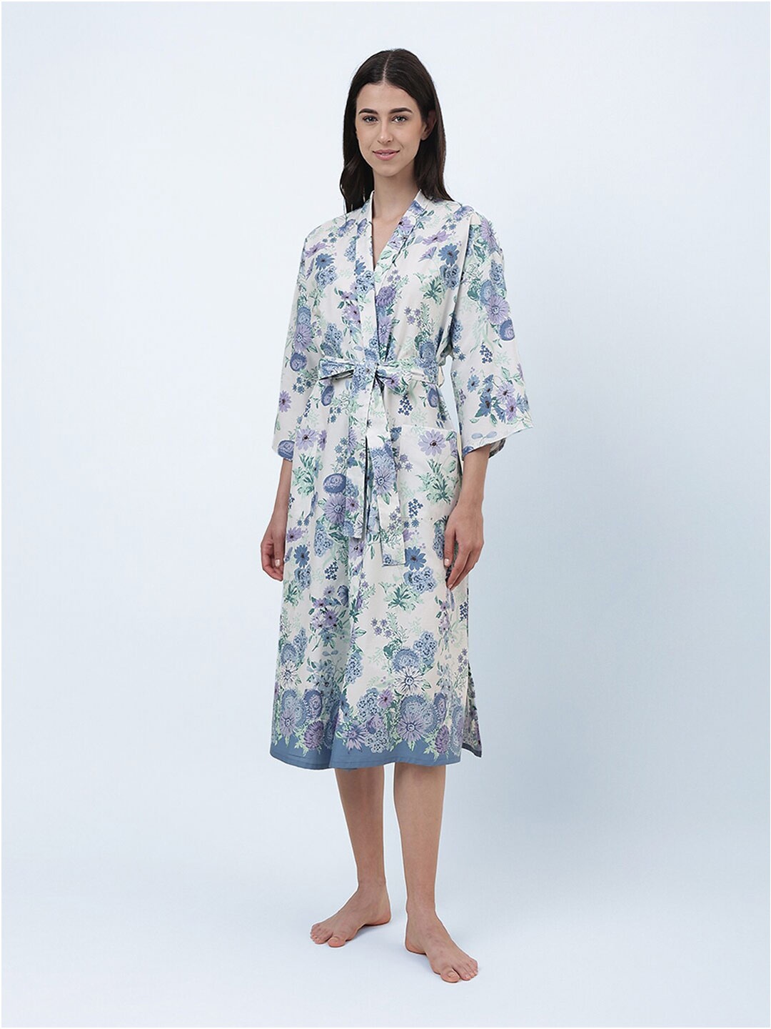 

Fabindia Printed Cotton Robe With Belt, White