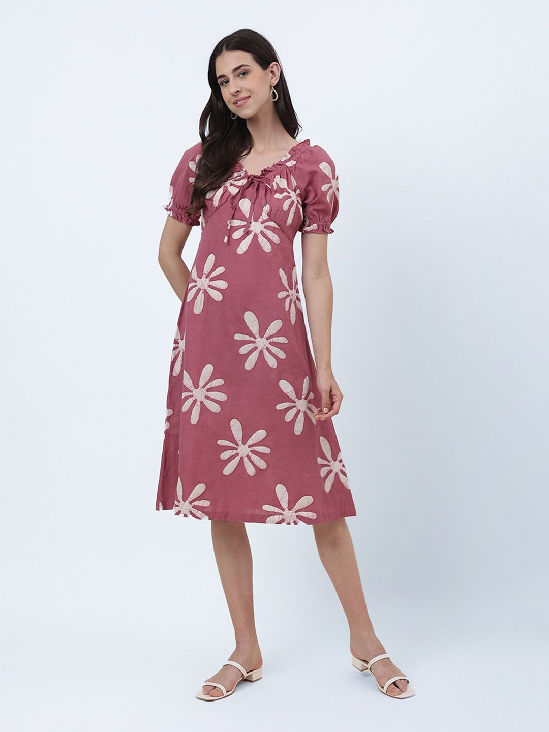 

Fabindia Floral Printed Puff Sleeves Cotton Linen Empire Dress, Pink