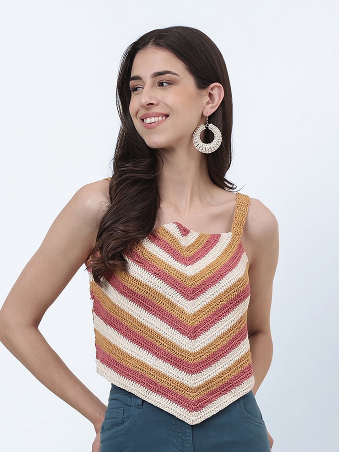 

Fabindia Striped Shoulder Straped Cotton Crochet Top, White