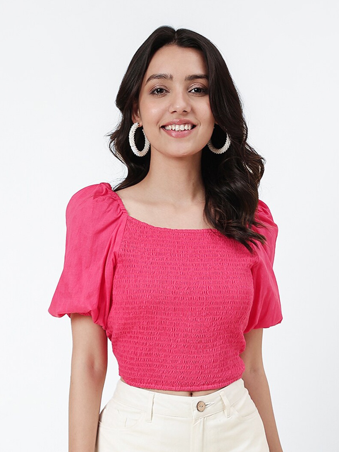 

Fabindia Smocked Puff Sleeves Cotton Crop Top, Pink