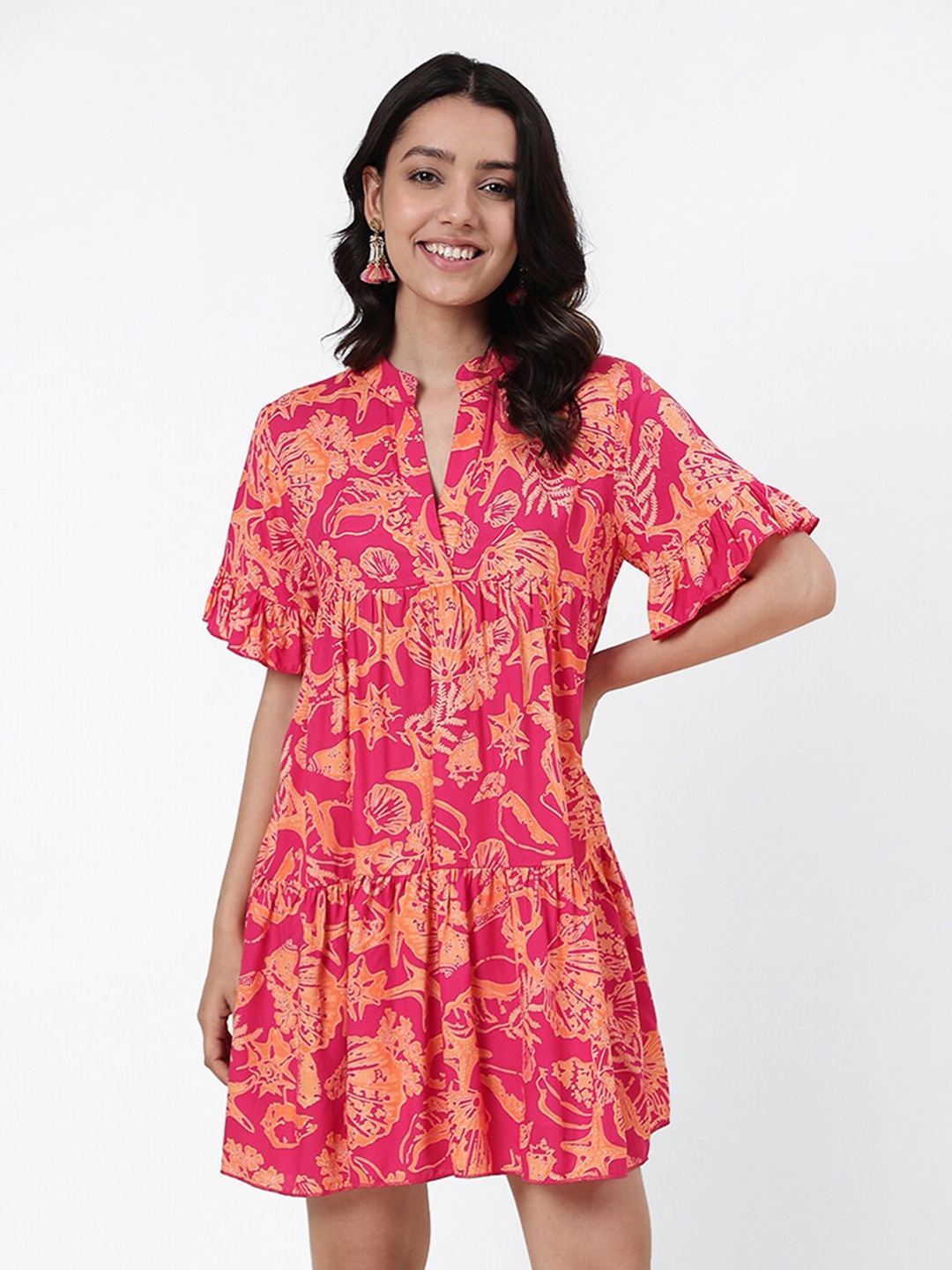 

Fabindia Tropical Printed Bell Sleeves A-Line Dress, Pink
