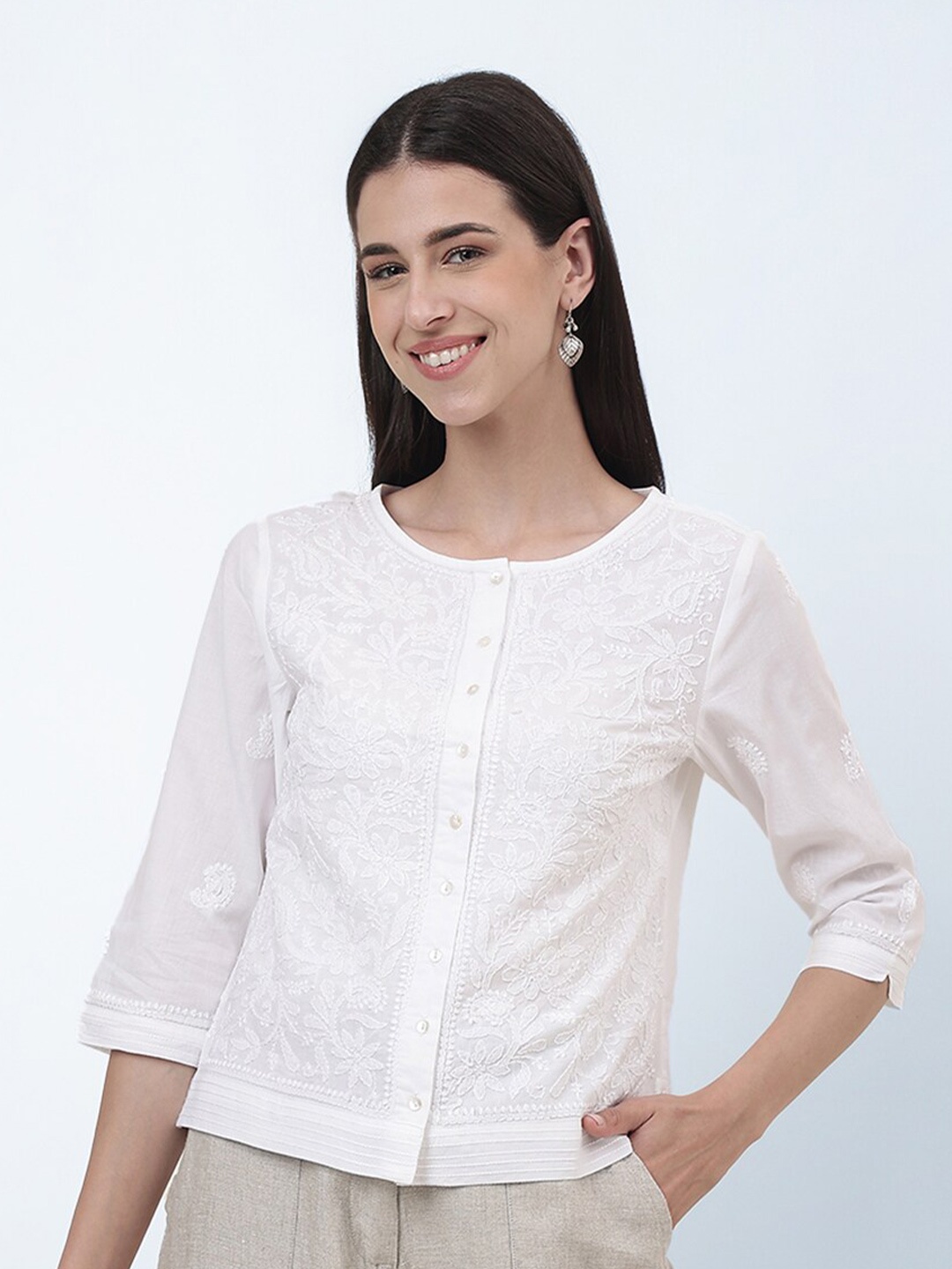 

Fabindia Embroidered Round Neck Cotton Top, White