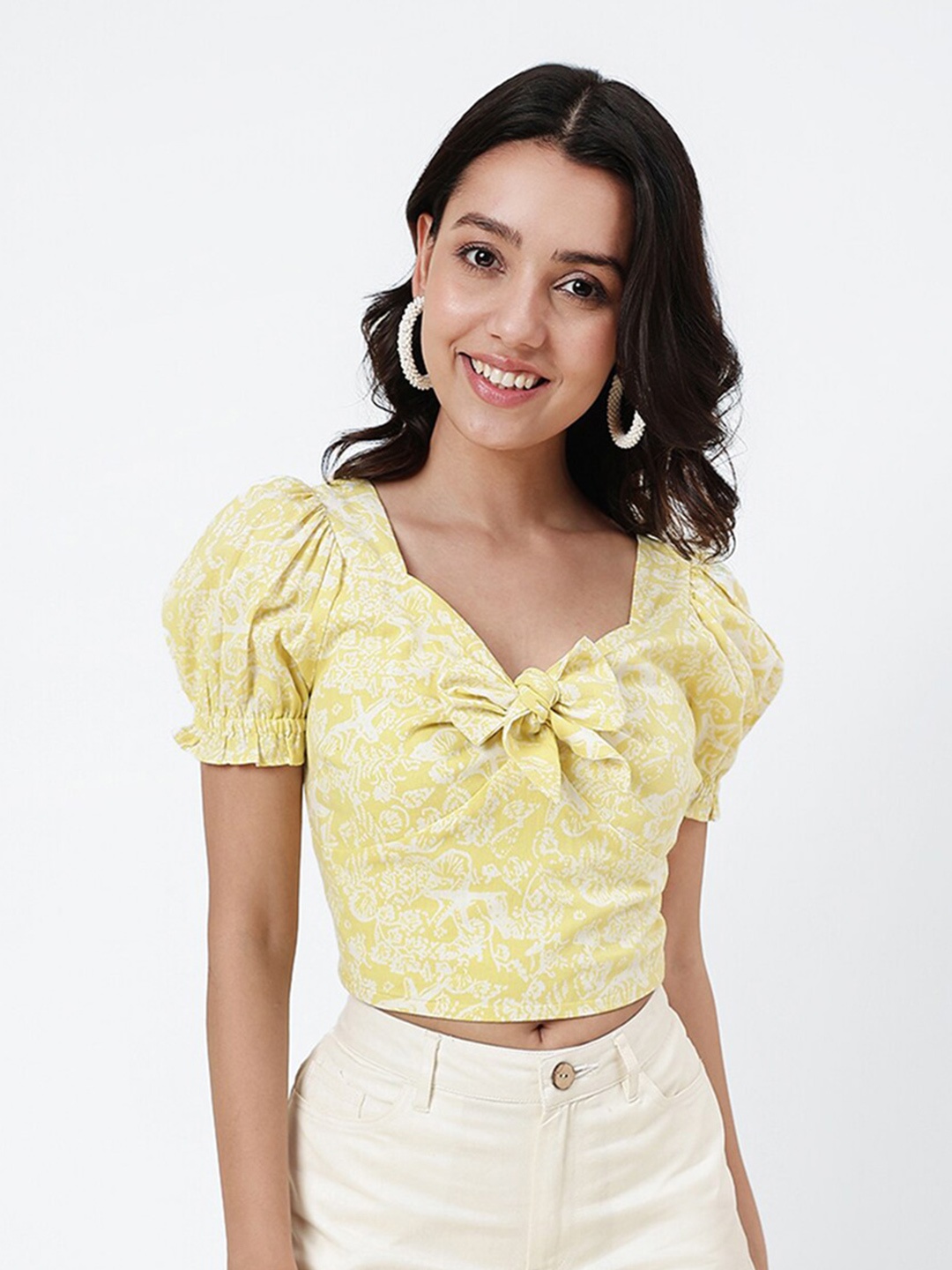 

Fabindia Sweetheart Neck Tie-Ups Puff Sleeve Cotton Crop Top, Yellow