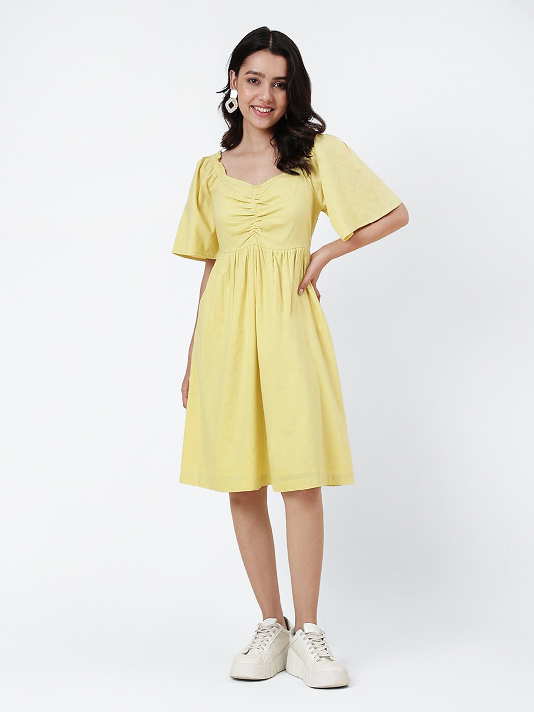 

Fabindia Flared Sleeves Ruched Cotton Fit & Flare Dress, Yellow