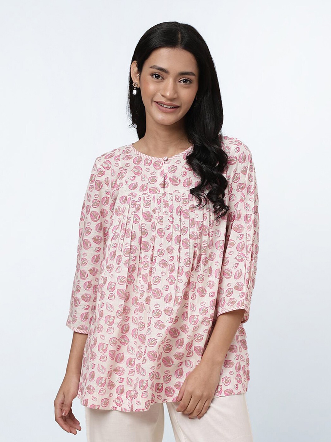 

Fabindia Tropical Printed Round Neck Cotton Top, White