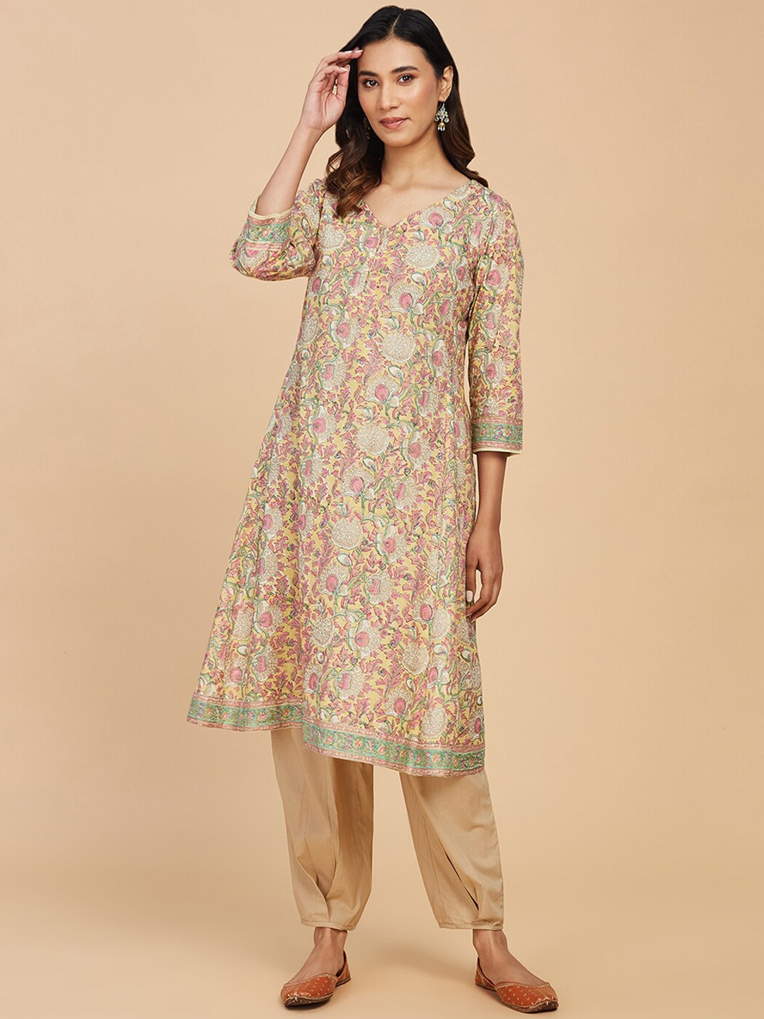 Fabindia Floral Printed V-Neck Cotton A-Line Kurta, Mustard