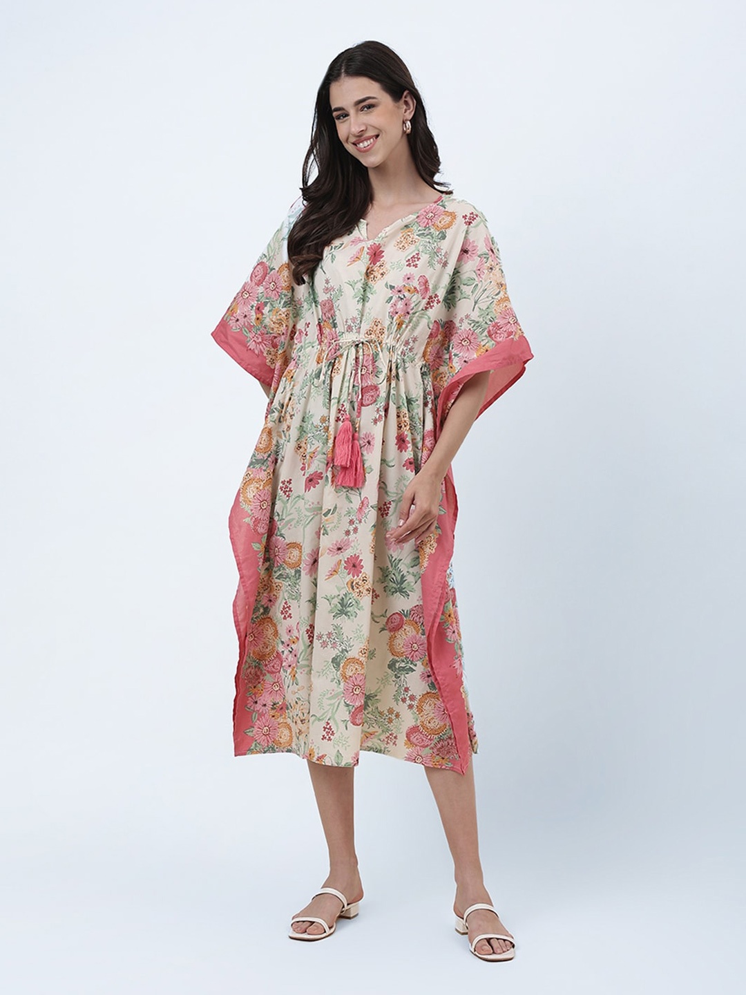 

Fabindia Floral Printed Notched Neck Cotton Kaftan Midi Dress, Pink