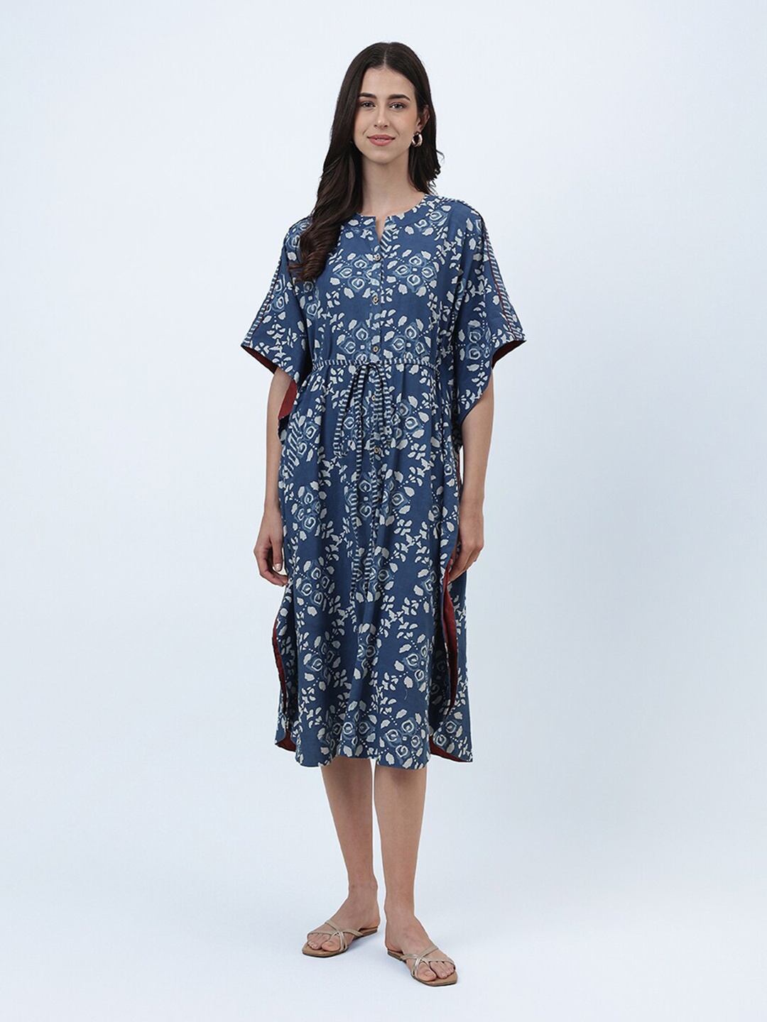 

Fabindia Floral Printed Cotton Kaftan Midi Dress, Blue