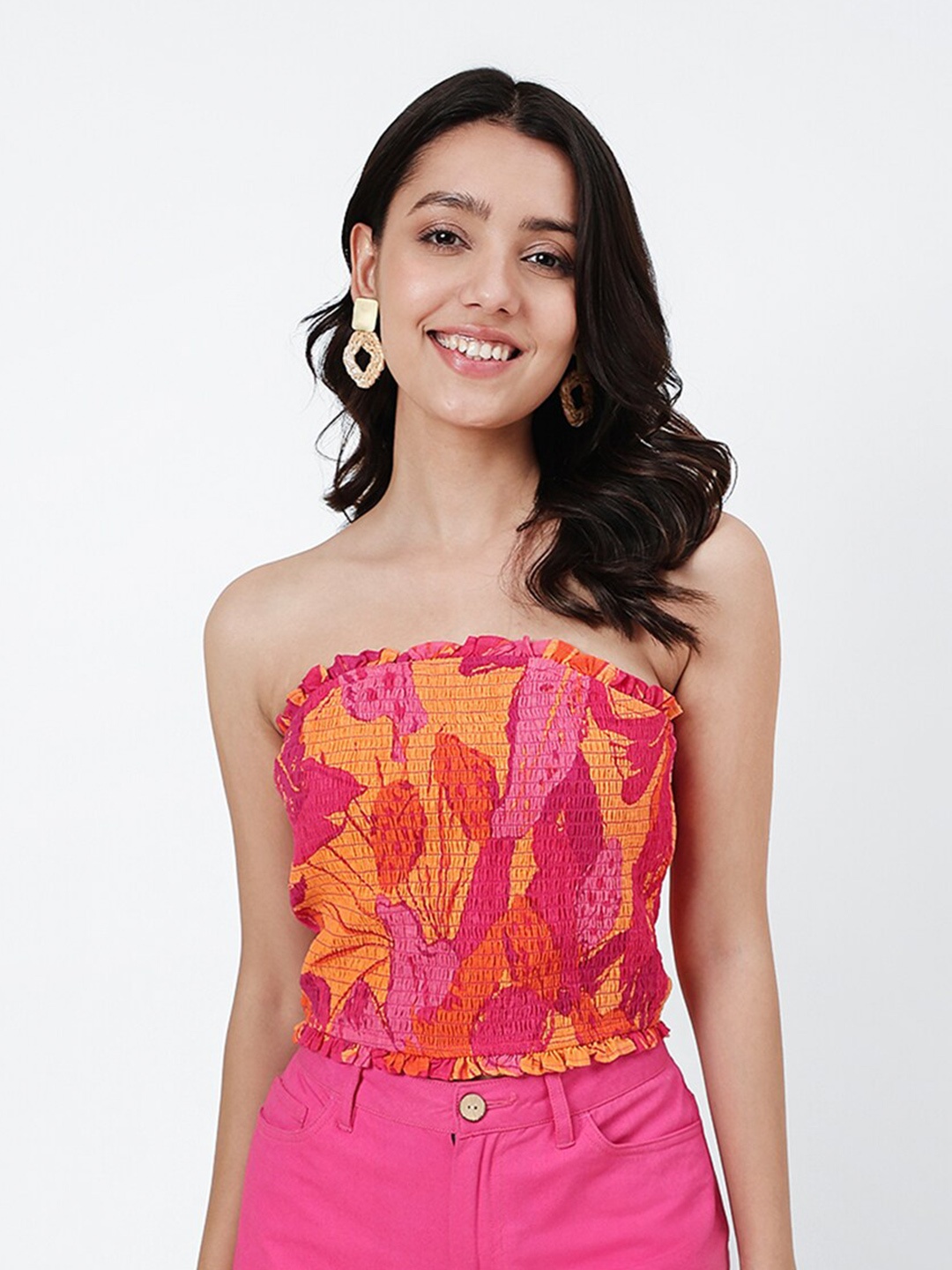 

Fabindia Floral Printed Off-Shoulder Cotton Tube Top, Pink