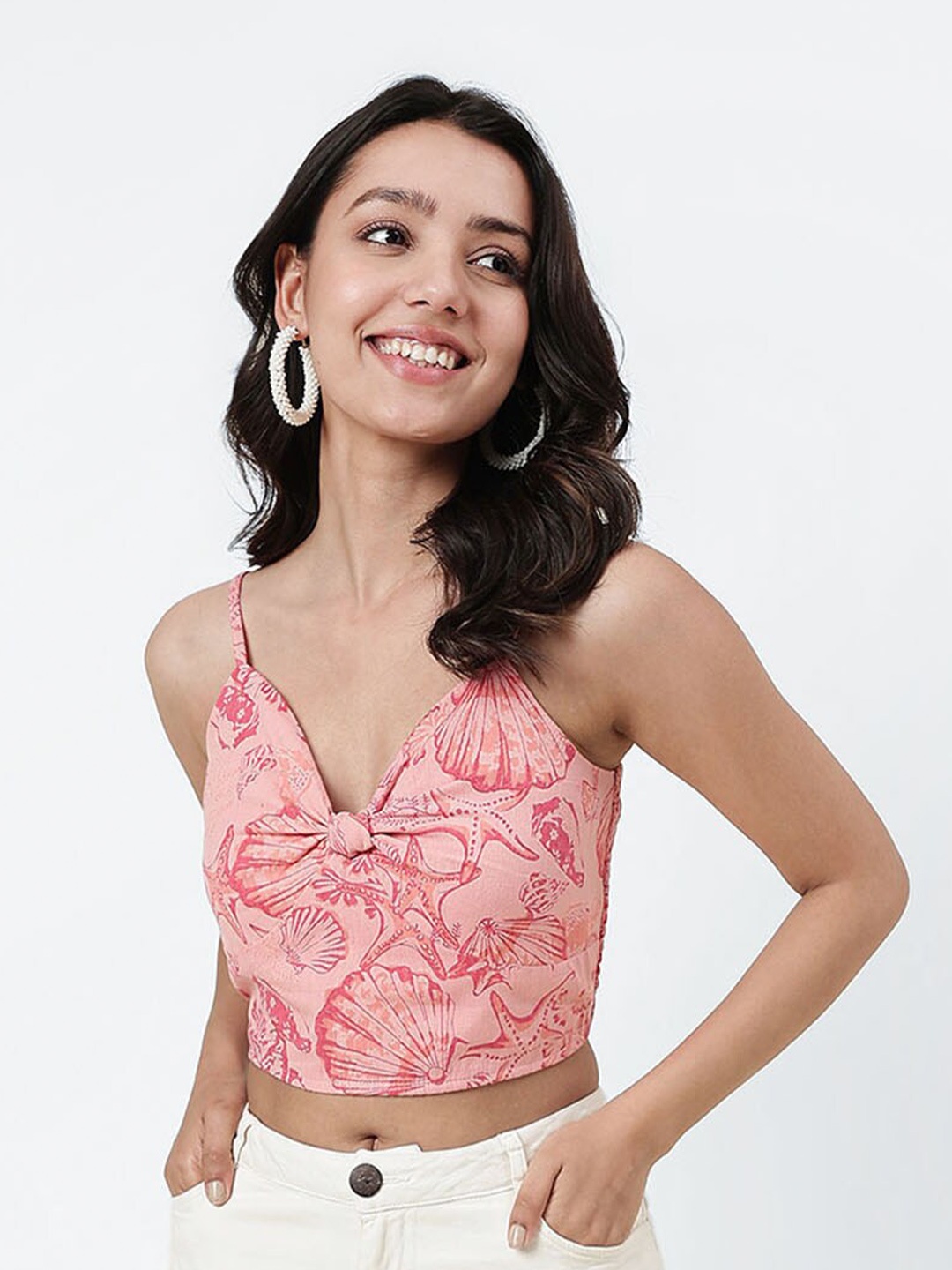 

Fabindia Floral Printed Sleeveless Cotton Blouson Top, Pink