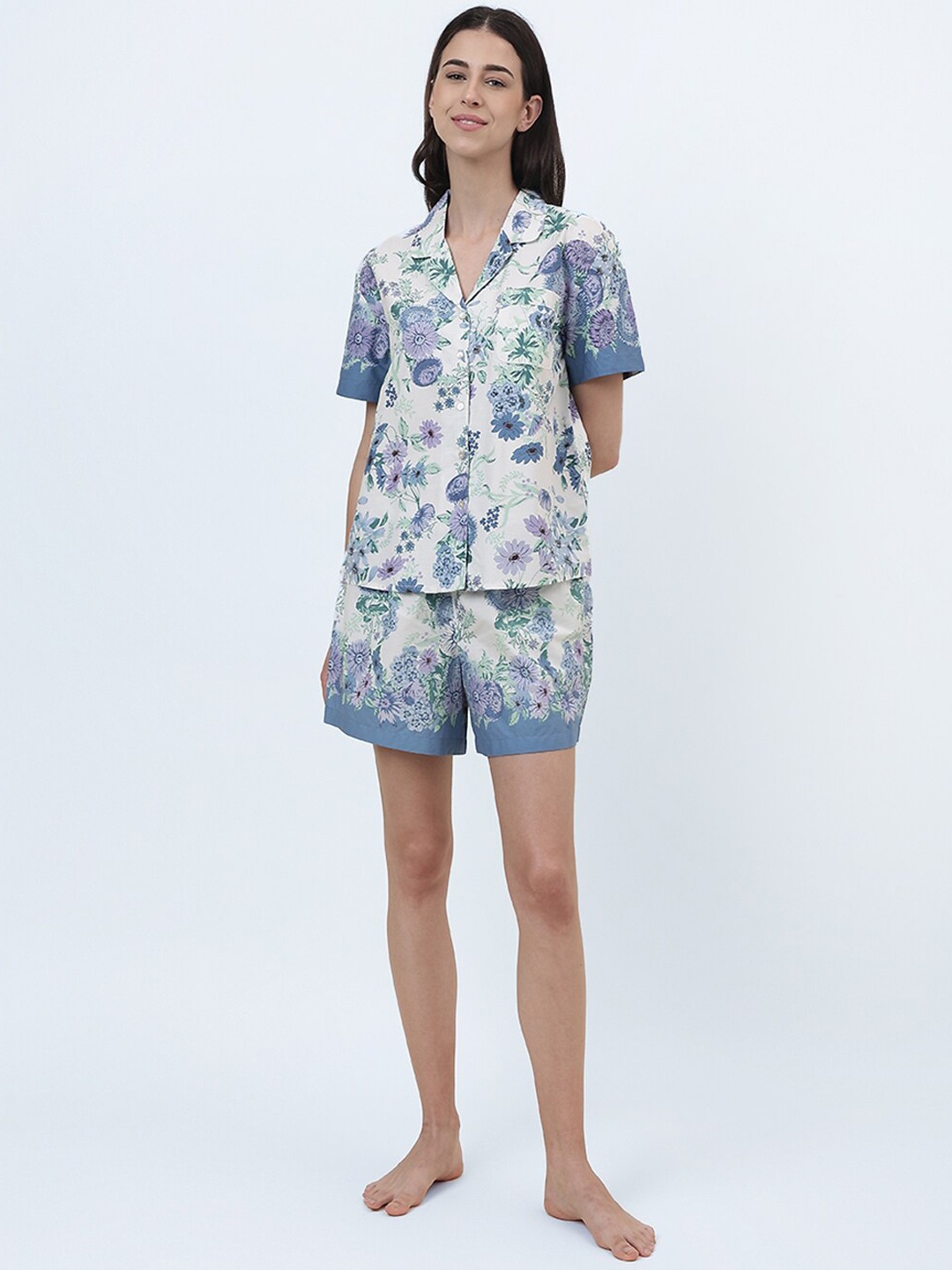 

Fabindia Floral Printed Pure Cotton Night Suit, White
