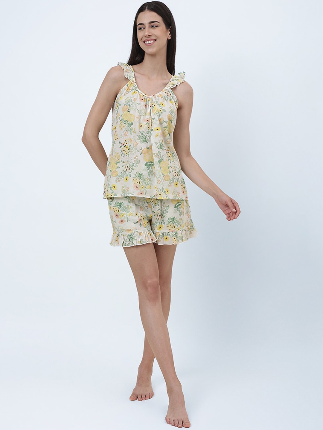 

Fabindia Floral Printed Pure Cotton Night Suit, White