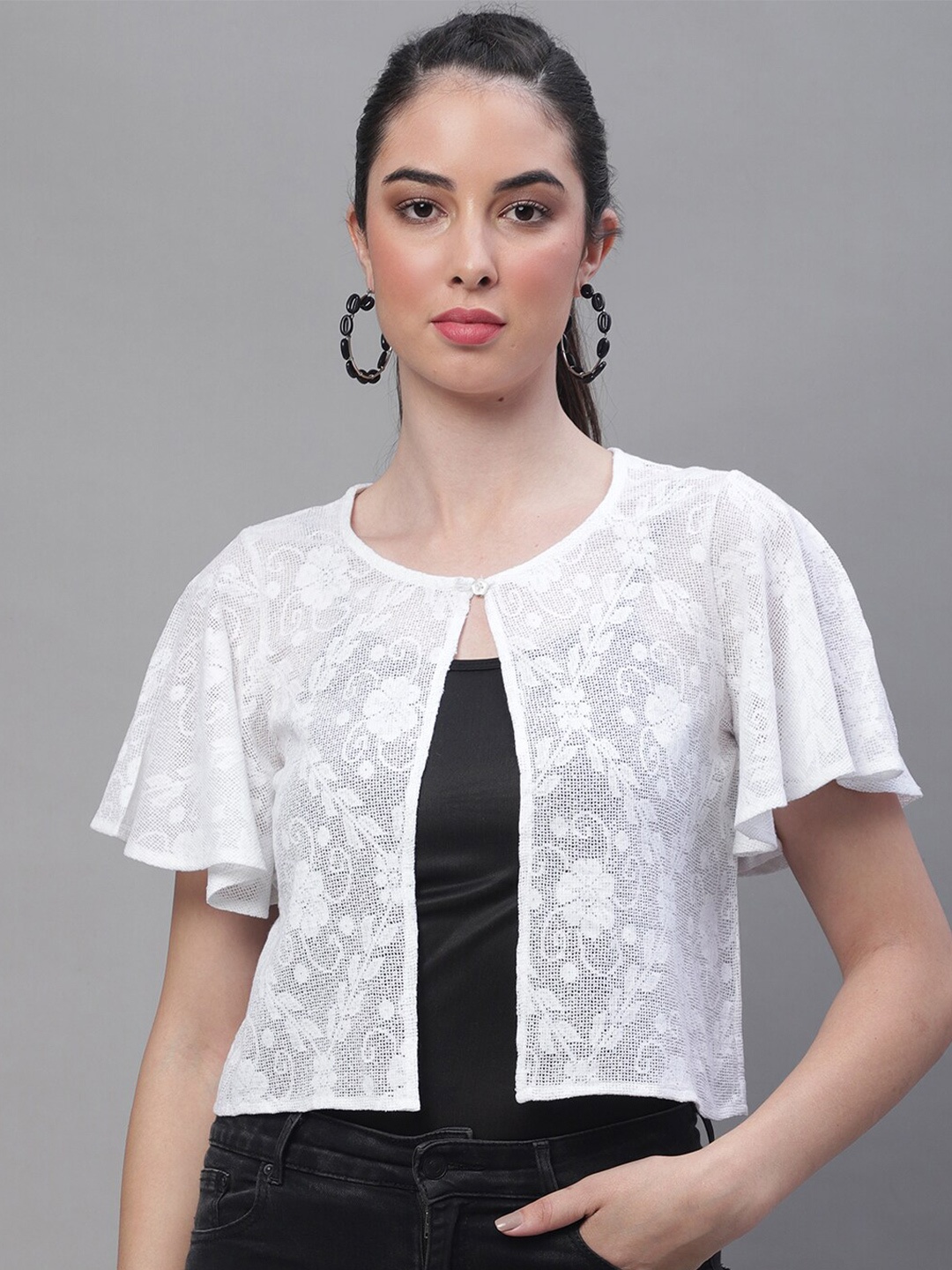

Rute Open Front Stylish Crop Button Cotton Shrug, White