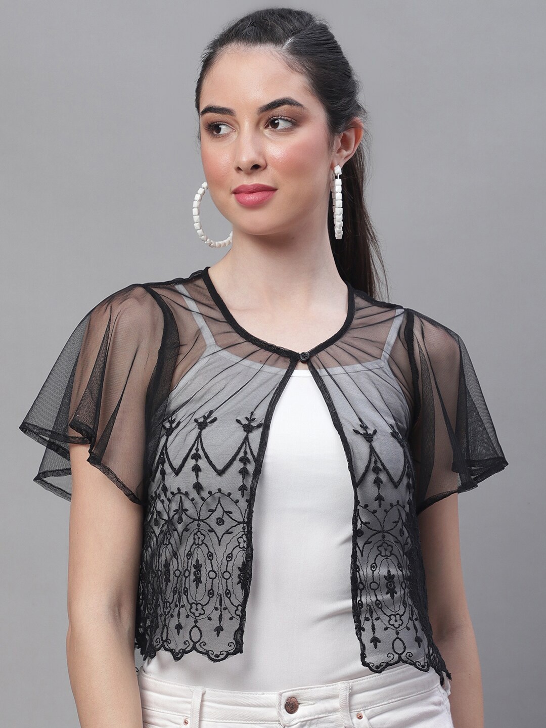 

Rute Open Front Stylish Crop Button Sheer Cotton Shrug, Black