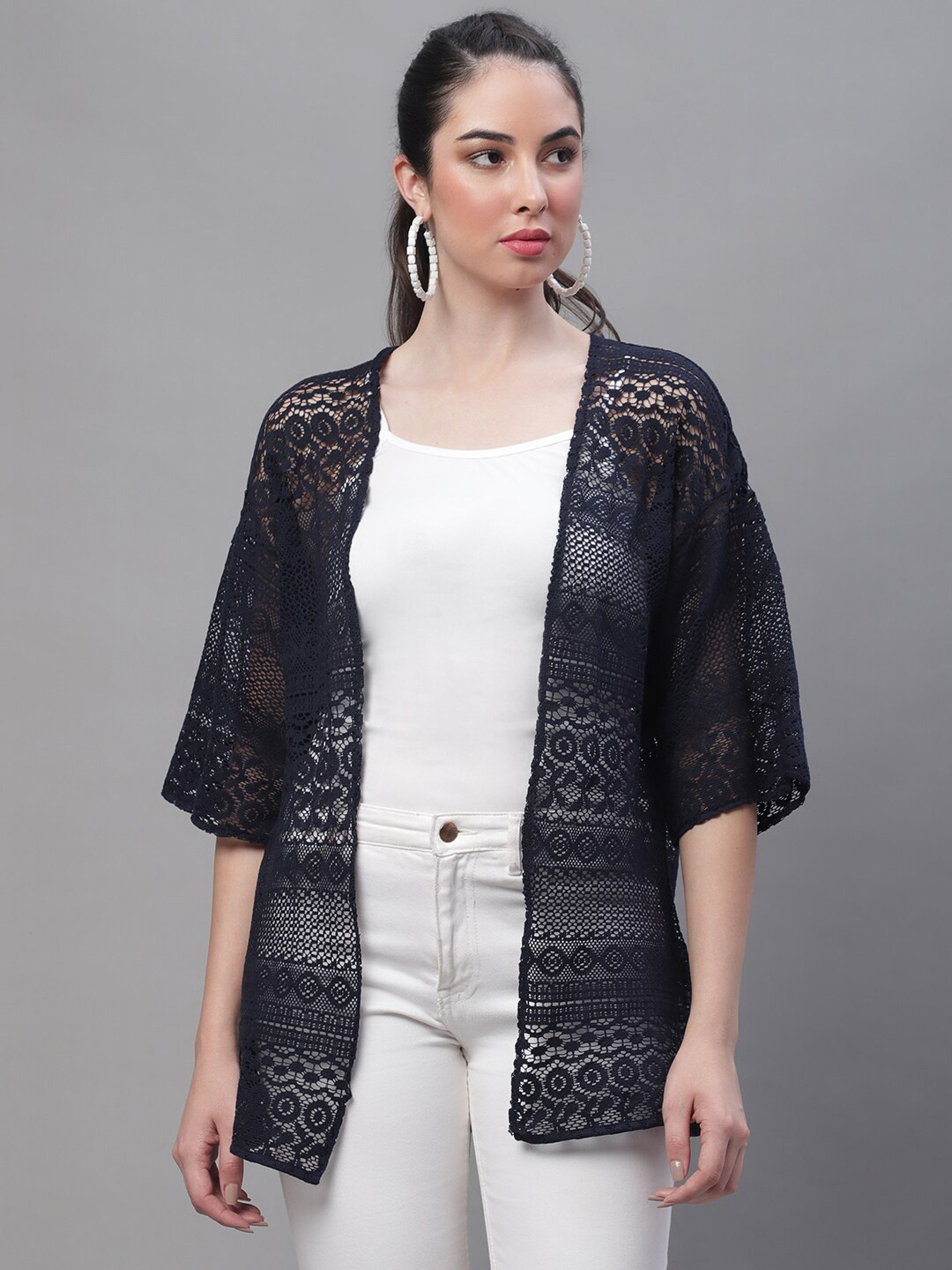 

Rute Women Self Design Lace Open Front Cotton Shrug, Black