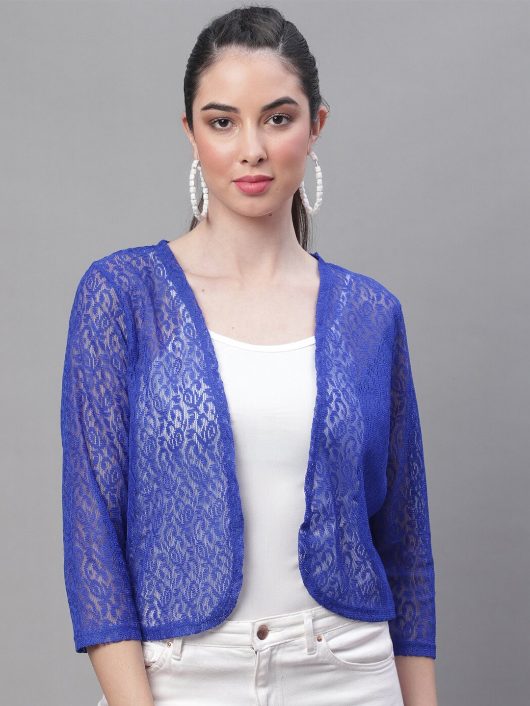 

Rute Women Lace Open Front Crop Shrug, Blue