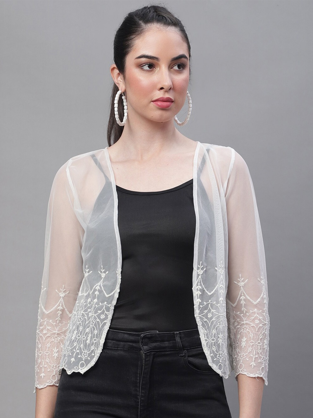 

Rute Women Open Front Sheer Embroidered Shrug, White