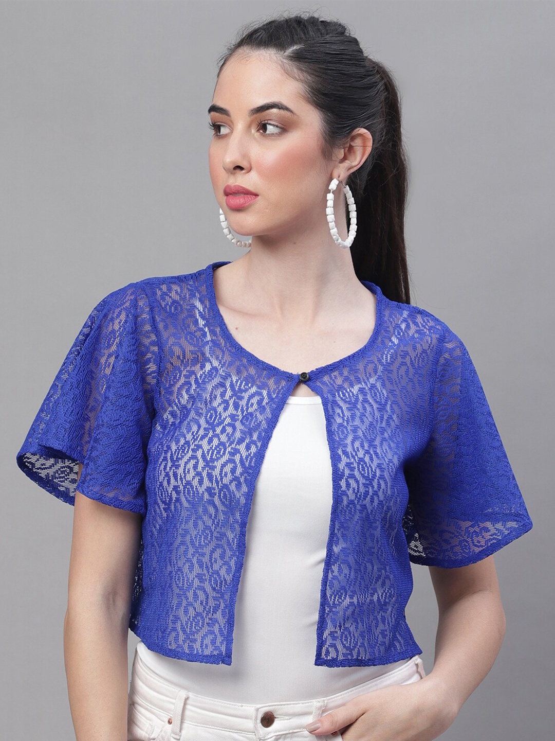 

Rute Women Lace Button Front Cotton Crop Shrug, Blue