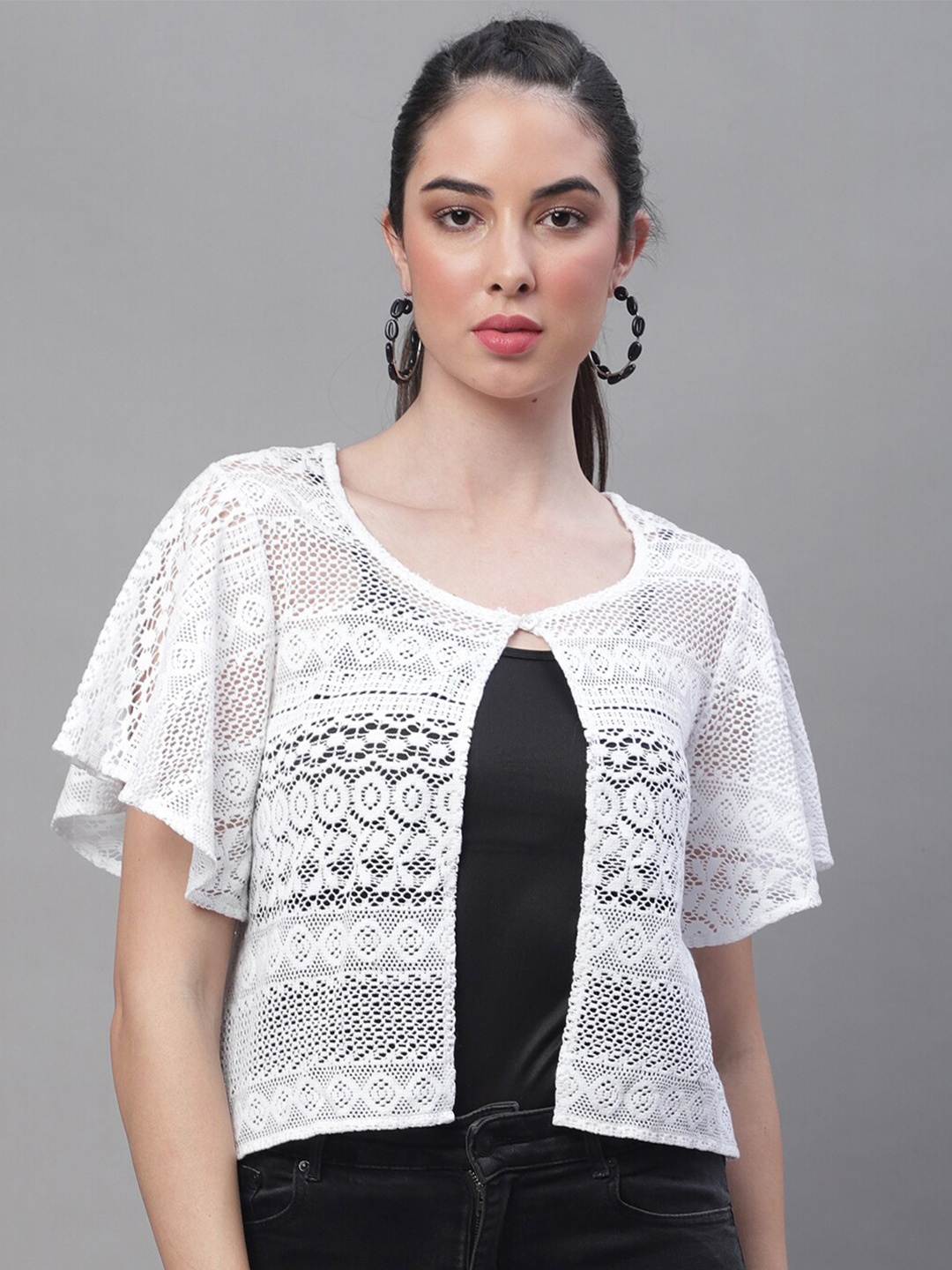 

Rute Women Lace Button Front Cotton Crop Shrug, White